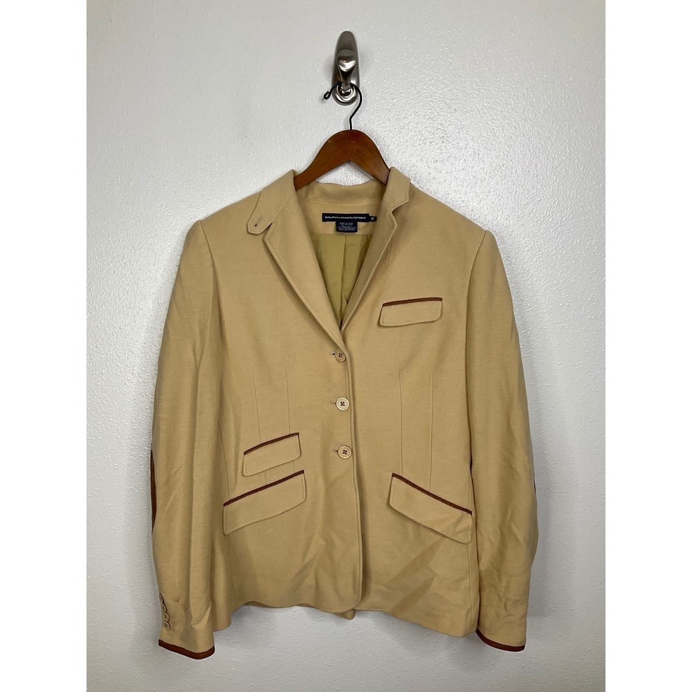 Ralph Lauren Sport‎ Tan Cotton Blazer Suede Elbow Patches Equestrian Jacket 12